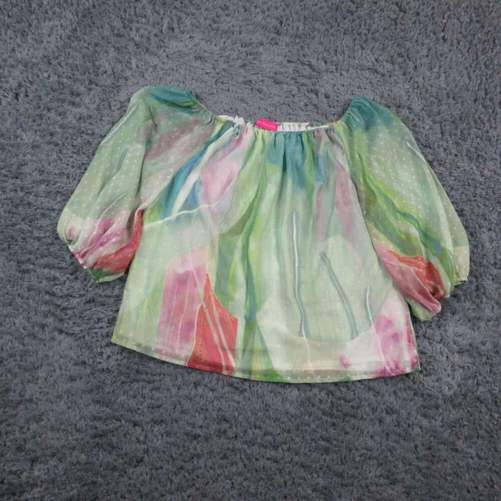 Claire Desjardins Blouse Womens Large Green Sheer Peasant Top Watercolor Boho